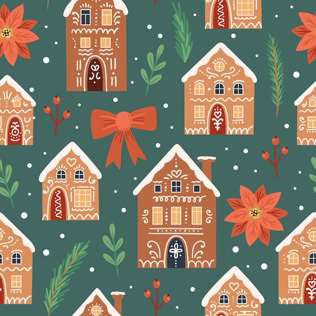 Gingerbread houses christmas pattern Cute vector illustration in flat cartoon style