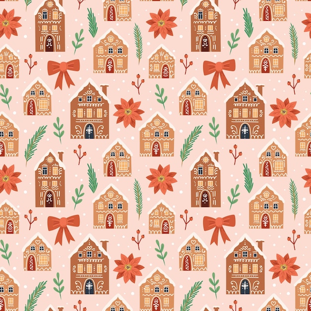 Gingerbread houses christmas pattern Cute vector illustration in flat cartoon style