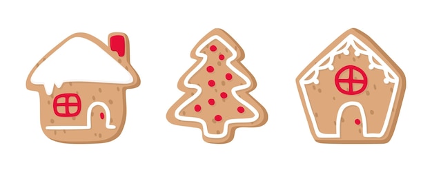 Gingerbread houses and fir tree Christmas cookies set Flat cartoon style