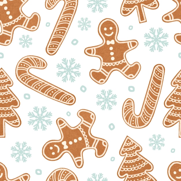 Gingerbread man, Christmas tree, candy cane cookies and blue snowflakes seamless pattern