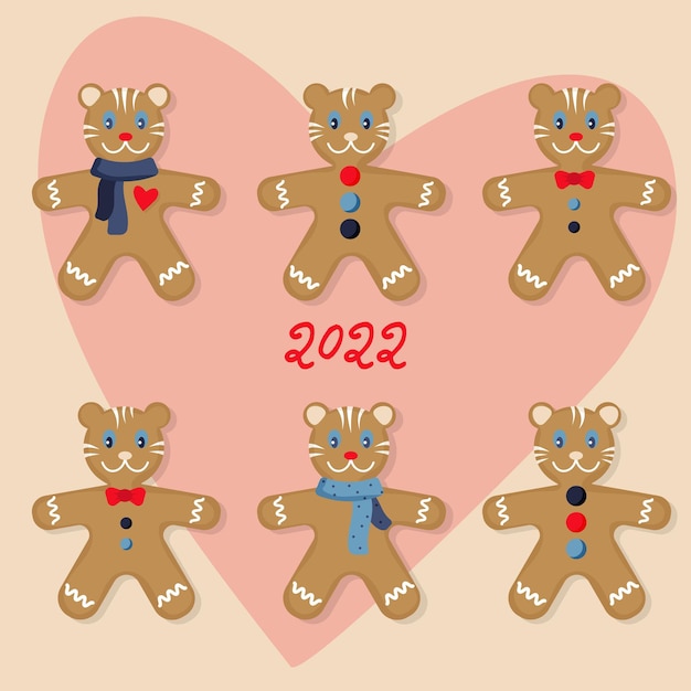 Gingerbread man, cookies set. Christmas, New year decoration Vector illustration, greeting card.