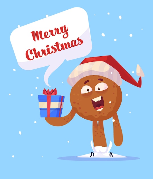 Gingerbread man holding a gift and wishes merry christmas.