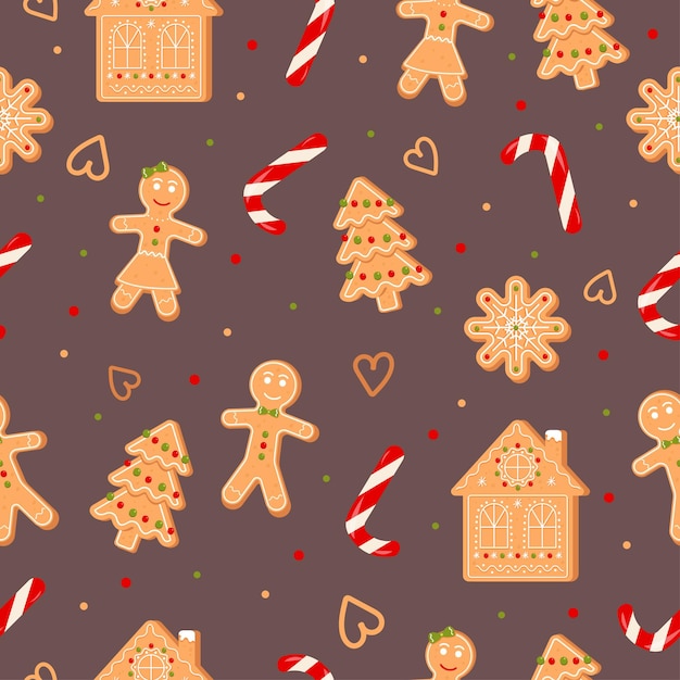 Gingerbread man house tree and candy seamless pattern