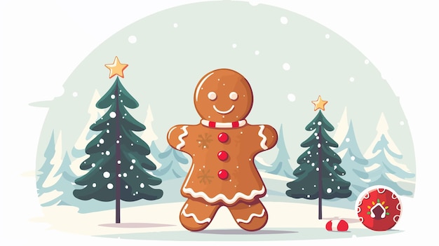 Vector a gingerbread man is standing in front of a christmas tree