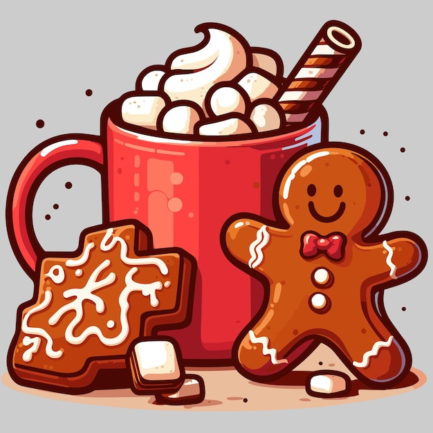 Gingerbread man and red chocolate mug with marshmallow 2D illustration