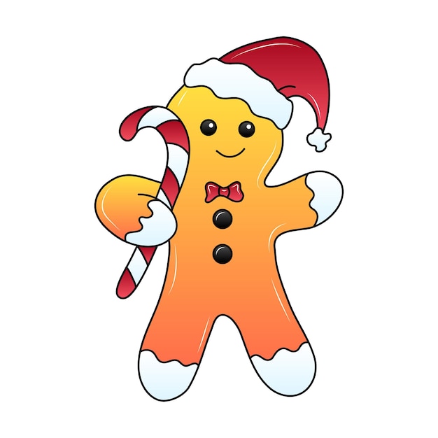 A gingerbread man with a Christmas hat and a candy cane on his hand