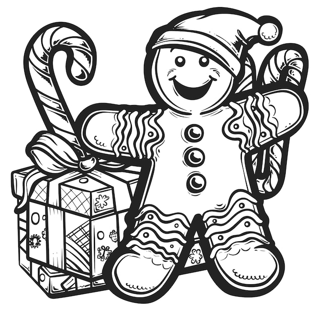 Gingerbread Man With Gift Boxes And Pepper Coloring Pages Vector