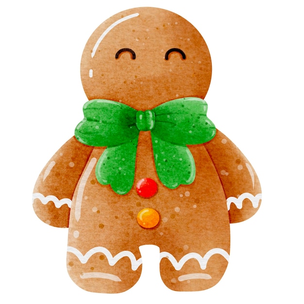 a gingerbread man with green ribbon and a green bow tie