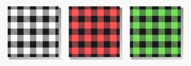 Vector gingham seamless patterns lumberjack plaid vector collection in white red and green colors on black