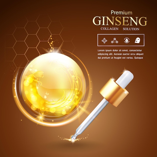 Ginseng Collagen Serum Drop and Vitamin advertising or promotion template for Skin Care Cosmetic Products