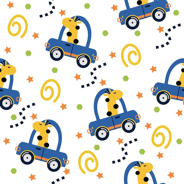 Giraffe and Cars Background for Children Seamless Pattern Cartoon