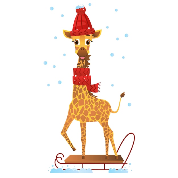 Giraffe going for a sliegh ride Winter activities Vector illustration on white isolated background