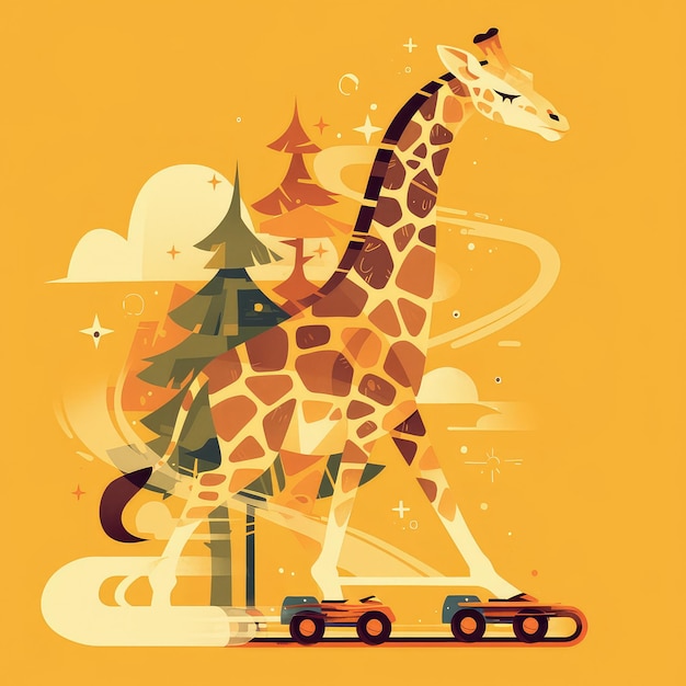 A giraffe is rollerblading cartoon style