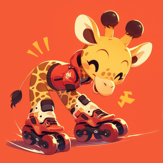 A giraffe is rollerblading cartoon style