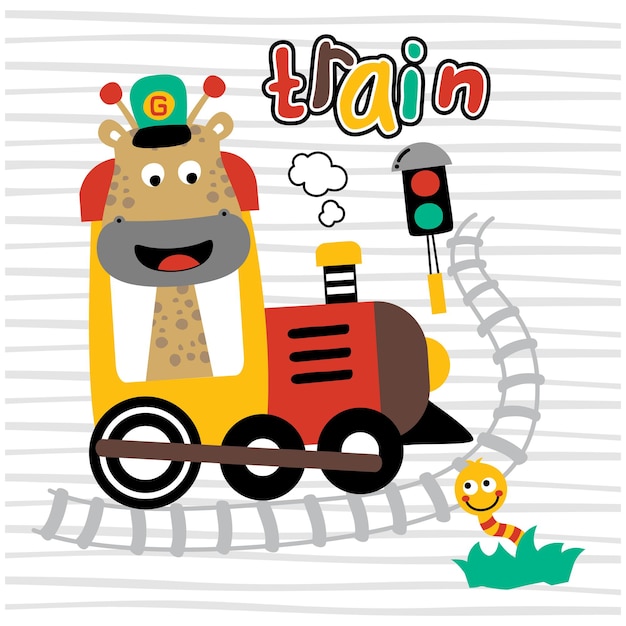 giraffe and train funny animal cartoon