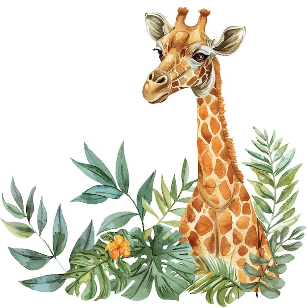 giraffe and tropical leaves watercolor vector illustration for background