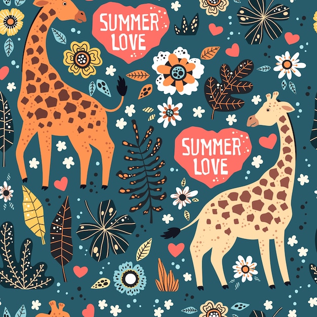 Giraffes with tropical plants and flowers pattern