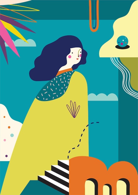 Girl in Abstract Illustration for Wallpaper Design