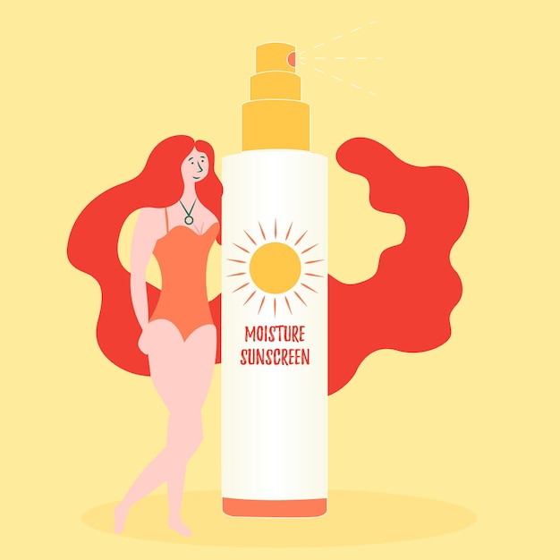 Vector girl advertises spray protect against sun ultraviolet solar radiation sunscreen moisture