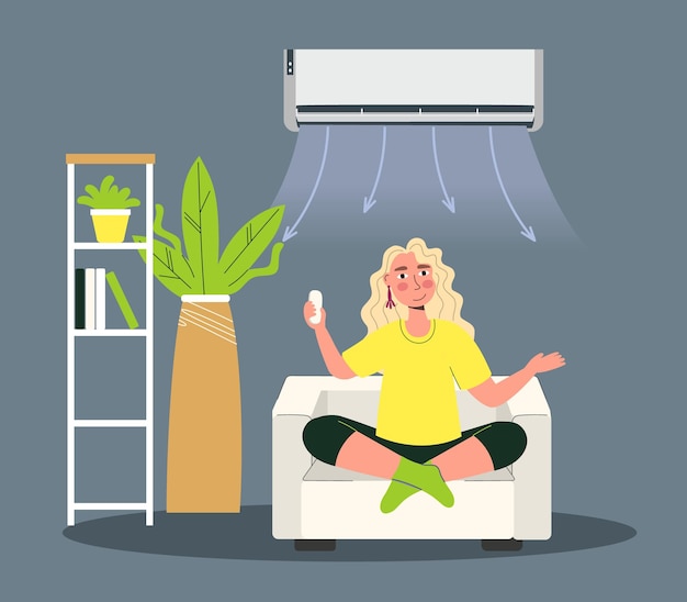 Girl under the air conditioner enjoys the coolness of heating ventilation air conditioning Vector