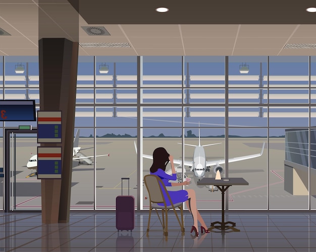 A girl in an airport cafe looks at the planes through the window Vector