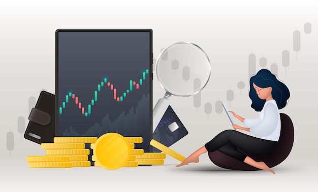 The girl analyzes the finance market. Money trending banner. Gold coins, wallet, bank card, magnifier, tablet, chart. Vector.