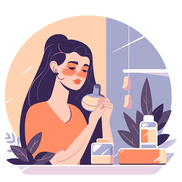 girl applying cleansing and moisturizing face skin vector illustration