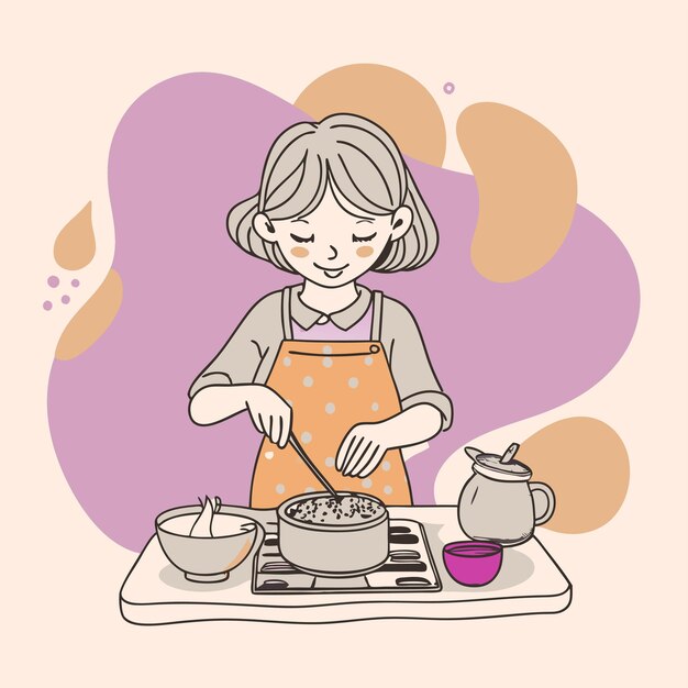 Vector a girl in an apron cooking food with a pot of water and a purple background