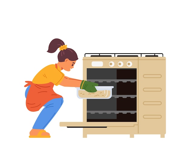 Vector girl in apron putting a bakery pan in a gas stove