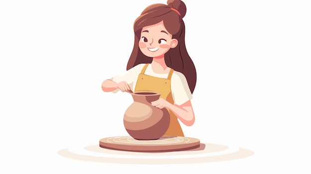 a girl in an apron with a pot of flour