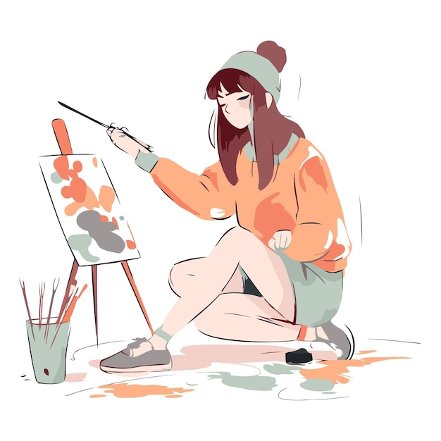 Girl artist draws a picture on canvas in cartoon style