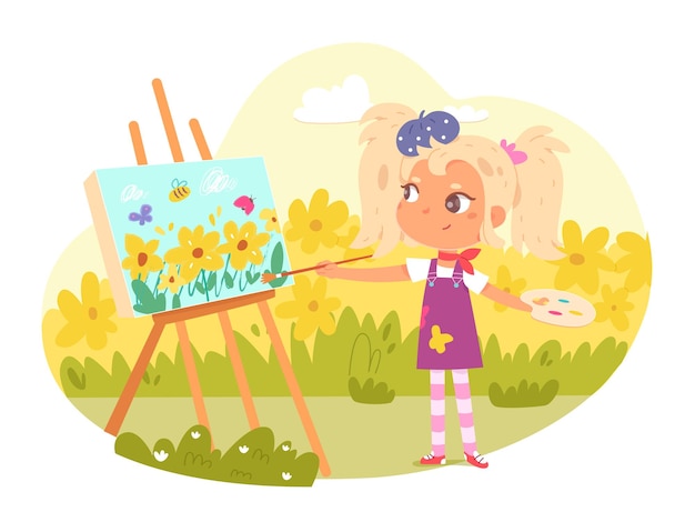 Girl artist painting outdoor Little child drawing picture of flowers on canvas on easel with brushes watercolours palette