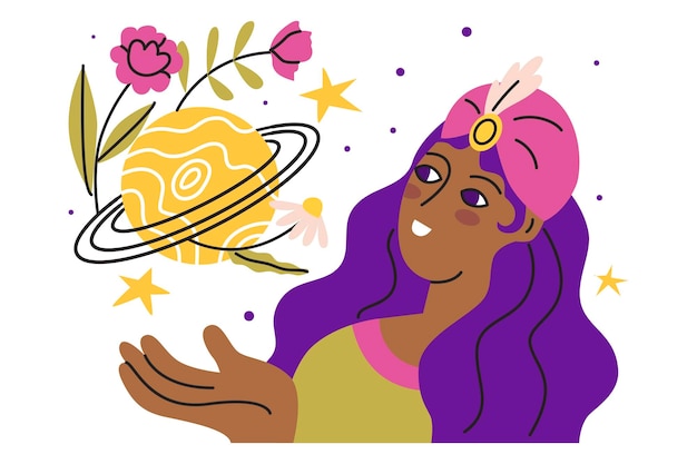 Vector girl astrologer astrology and business drawing up a horoscope according to the natal chart consultation of clients according to the sign of the zodiac flat style in vector illustration