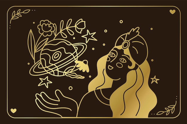 Vector girl astrologer astrology and business golden symbol with frame consultation of clients according to the sign of the zodiac flat style in vector illustration