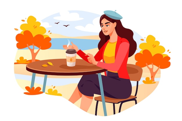 A girl in an autumn park in a cafe with a cup of coffee. Autumn Park. Cartoon vector illustration