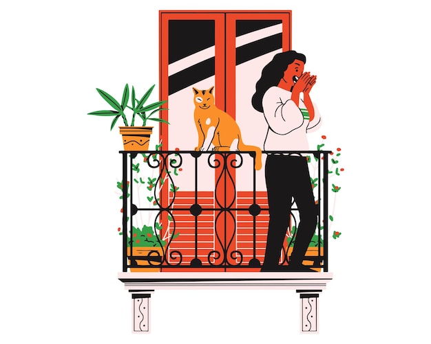 Girl on the balcony with a cat Vector illustration in flat style