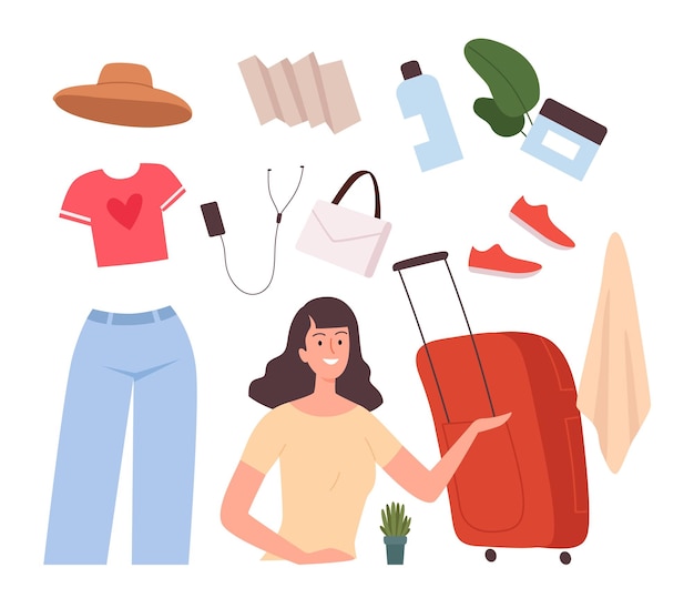 Girl base travel stuff Female baggage bag and suitcase map and fashion clothes Happy woman go to vacation vector concept