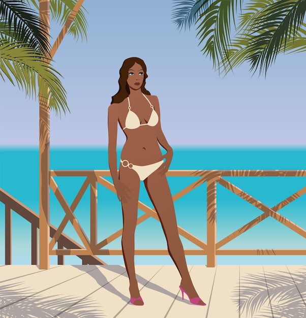 Girl in a bathing suit on a balcony overlooking the sea Vector