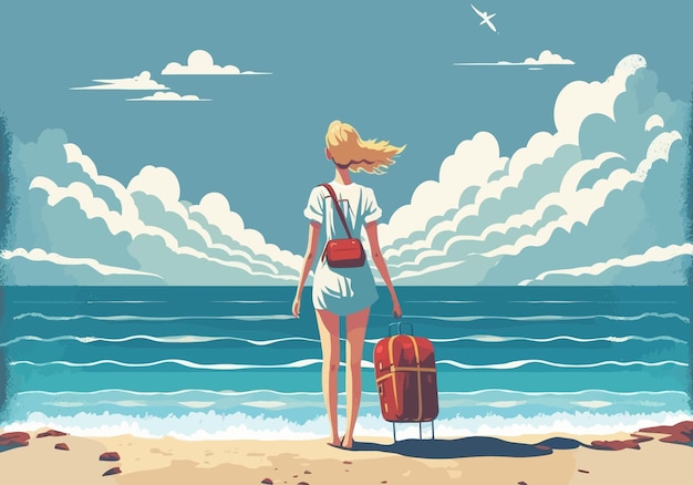 Girl on the beach on the background of the ocean Generative AI beach summer sun vacation heat beautiful blonde travel tourism picturesque sky clouds vacation concept vector illustration