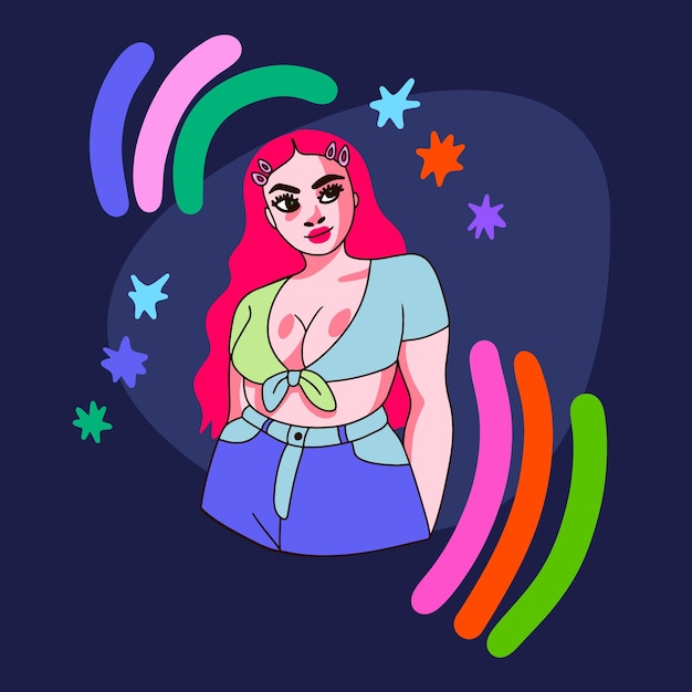 Girl in beachwear top and shorts rainbow doodle