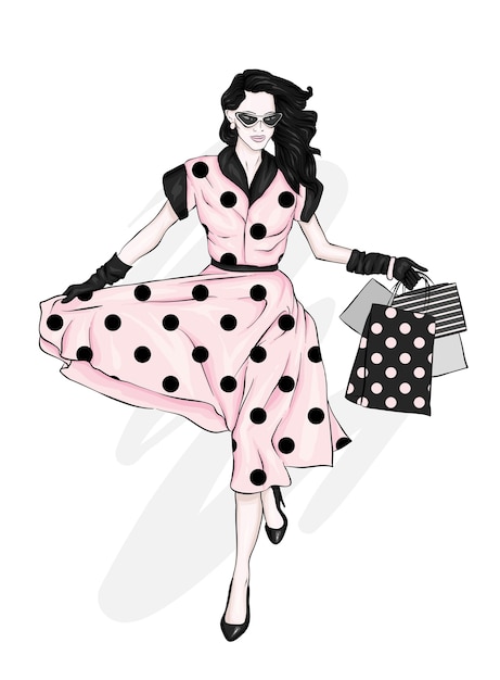 A girl in a beautiful vintage dress with shopping bags. illustration.