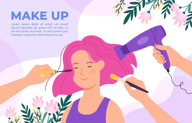 Girl in beauty salon. Makeup artist and hairdresser hands with brush, mascara and dryer. Cosmetic products, hair care poster vector concept. Illustration salon beauty, makeup and barber