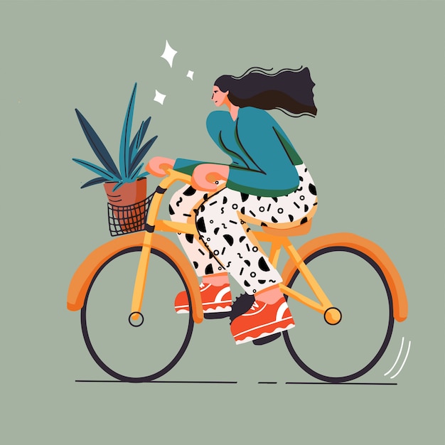 Girl on bicycle trendy  colourful flat  style with big shoes