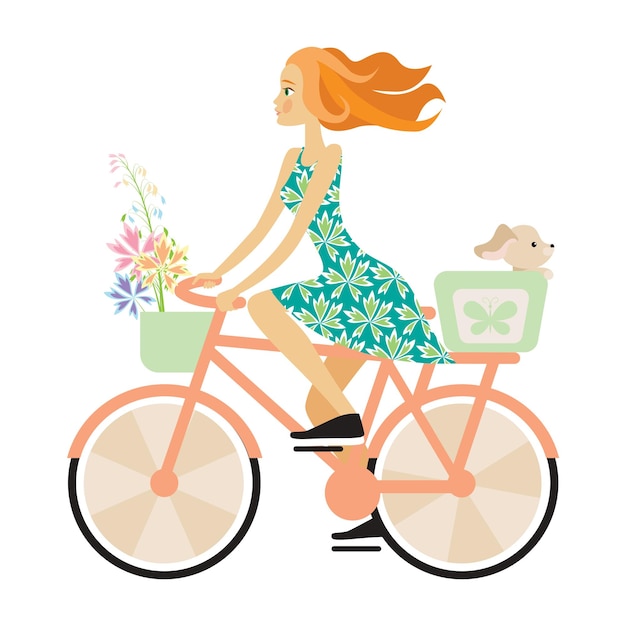 Girl on a bike with a puppy