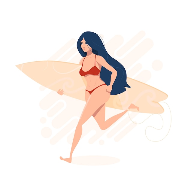 A girl in a bikini runs with a surfboard Vector illustration