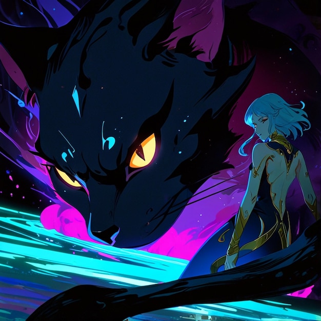 a girl and a black dragon are in a dark room