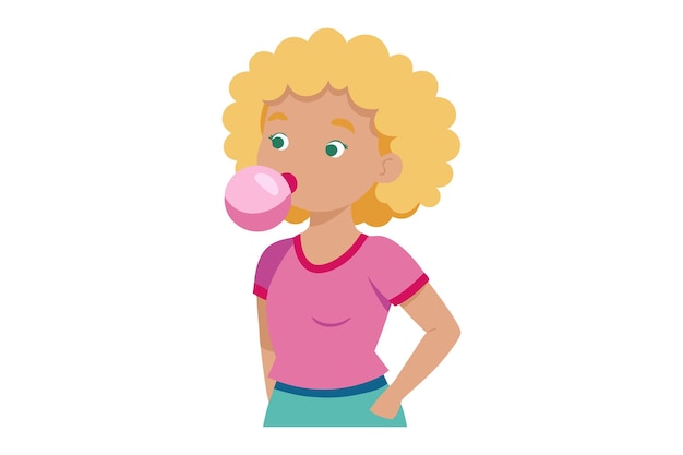 Vector girl blowing bubblegum while standing