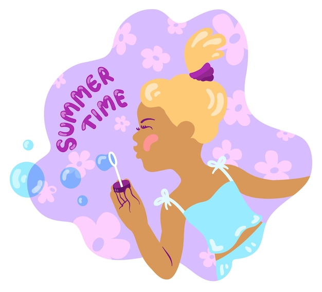 Girl blows soap bubbles Summer mood theme Hand drawn vector illustration