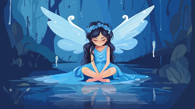 a girl in a blue dress sits in the water with wings spread out