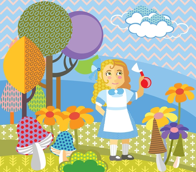 Girl in blue dress standing in forest Alice in Wonderland  vector cartoon flat illustration